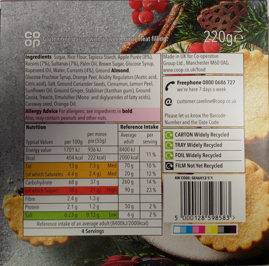 2019 Co-op Free From 4 Mince Pies Box Back